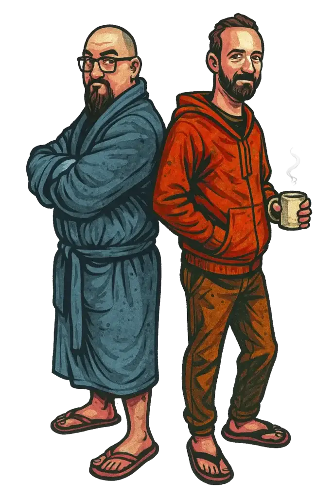 An illustration of Ancel Haegler and Dan Van Werkhoven standing side by side. Ancel has arms crossed and Dan has one hand in pocket and the other holding a steaming cup of coffee