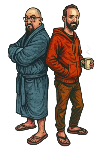 An illustration of Ancel Haegler and Dan Van Werkhoven standing side by side. Ancel has arms crossed and Dan has one hand in pocket and the other holding a steaming cup of coffee